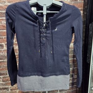 Nautica Navy Lace-Up Long Sleeve Top with Striped Hem